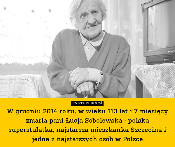 W grudniu 2014 roku, w wieku 113 lat i 7 miesięcy zmarła pani Łucja Sobolewska - polska superstulatka, najstarsza mieszkanka Szczecina i jedna z najstarszych osób w Polsce 