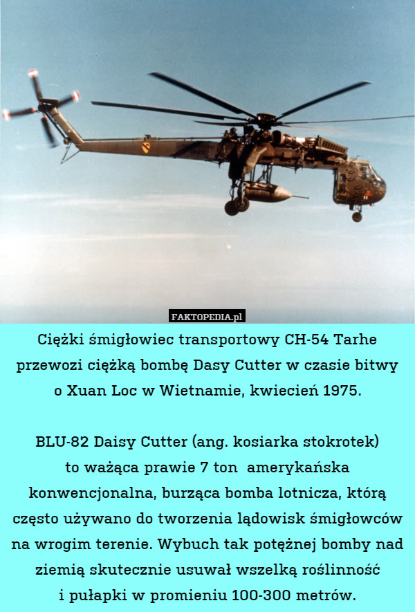 Ciężki śmigłowiec transportowy CH-54 Tarhe przewozi ciężką bombę Dasy Cutter w czasie bitwy
o Xuan Loc w Wietnamie, kwiecień 1975.

BLU-82 Daisy Cutter (ang. kosiarka stokrotek)
to ważąca prawie 7 ton  amerykańska konwencjonalna, burząca bomba lotnicza, którą często używano do tworzenia lądowisk śmigłowców na wrogim terenie. Wybuch tak potężnej bomby nad ziemią skutecznie usuwał wszelką roślinność
i pułapki w promieniu 100-300 metrów. 