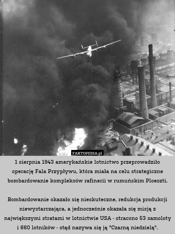 1 sierpnia 1943 amerykańskie lotnictwo przeprowadziło operację Fala Przypływu, która miała na celu strategiczne bombardowanie kompleksów rafinerii w rumuńskim Ploeszti.

Bombardowanie okazało się nieskuteczne, redukcja produkcji niewystarczająca, a jednocześnie okazała się misją z największymi stratami w lotnictwie USA - stracono 53 samoloty i 660 lotników - stąd nazywa się ją "Czarną niedzielą". 