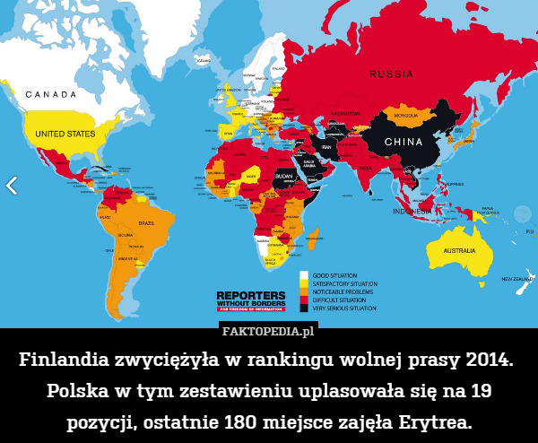 Finlandia zwyciężyła w rankingu wolnej prasy 2014.  Polska w tym zestawieniu uplasowała się na 19 pozycji, ostatnie 180 miejsce zajęła Erytrea. 