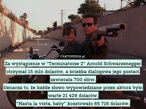 Za wystąpienie w "Terminatorze 2" Arnold Schwarzenegger otrzymał 15 mln dolarów, a ścieżka dialogowa jego postaci zawierała 700 słów.
Oznacza to, że każde słowo wypowiedziane przez aktora było warte 21 429 dolarów.
"Hasta la vista, baby" kosztowało 85 716 dolarów. 