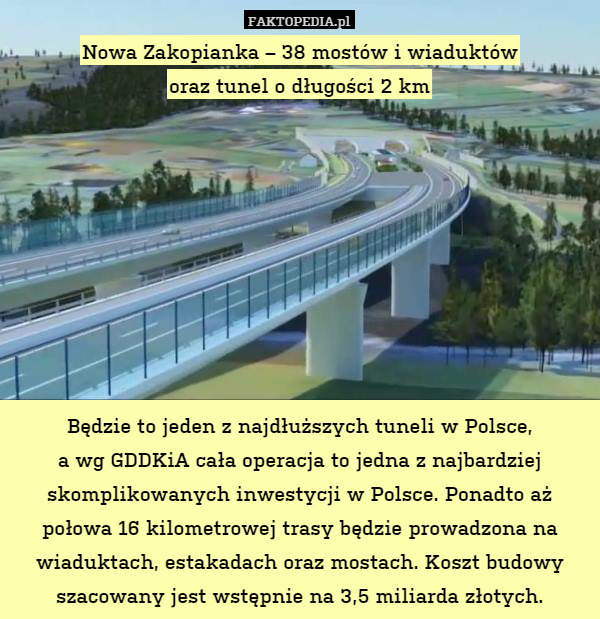 Nowa Zakopianka – 38 mostów i wiaduktów
oraz tunel o długości 2 km









Będzie to jeden z najdłuższych tuneli w Polsce,
a wg GDDKiA cała operacja to jedna z najbardziej skomplikowanych inwestycji w Polsce. Ponadto aż połowa 16 kilometrowej trasy będzie prowadzona na wiaduktach, estakadach oraz mostach. Koszt budowy szacowany jest wstępnie na 3,5 miliarda złotych. 
