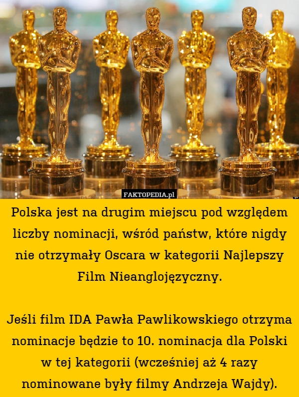 Polska jest na drugim miejscu pod względem liczby nominacji, wśród państw, które nigdy nie otrzymały Oscara w kategorii Najlepszy Film Nieanglojęzyczny.

Jeśli film IDA Pawła Pawlikowskiego otrzyma nominacje będzie to 10. nominacja dla Polski w tej kategorii (wcześniej aż 4 razy nominowane były filmy Andrzeja Wajdy). 