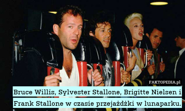 Bruce Willis, Sylvester Stallone, Brigitte Nielsen i Frank Stallone w czasie przejażdżki w lunaparku. 