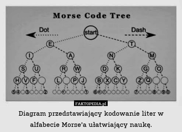 Diagram przedstawiający kodowanie liter w alfabecie Morse'a ułatwiający naukę. 