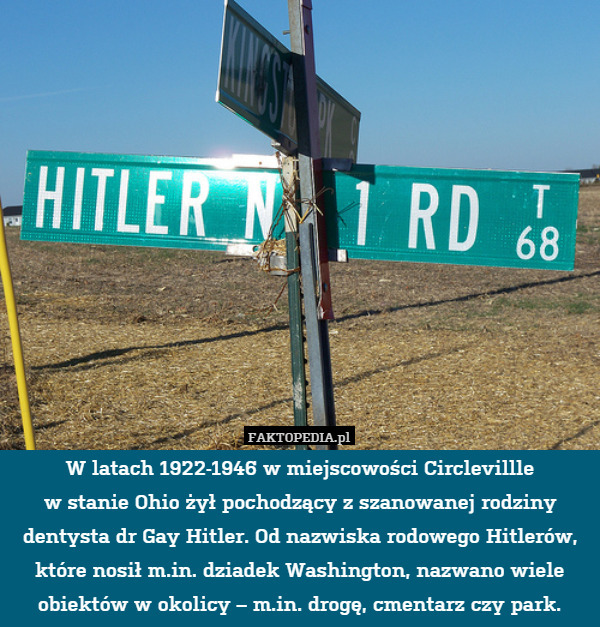 W latach 1922-1946 w miejscowości Circlevillle
w stanie Ohio żył pochodzący z szanowanej rodziny dentysta dr Gay Hitler. Od nazwiska rodowego Hitlerów, które nosił m.in. dziadek Washington, nazwano wiele obiektów w okolicy – m.in. drogę, cmentarz czy park. 