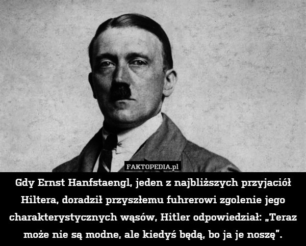 Gdy Ernst Hanfstaengl, jeden z najbliższych przyjaciół Hiltera, doradził przyszłemu fuhrerowi zgolenie jego charakterystycznych wąsów, Hitler odpowiedział: „Teraz może nie są modne, ale kiedyś będą, bo ja je noszę”. 