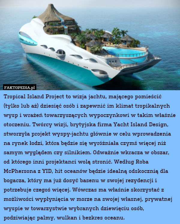Tropical Island Project to wizja jachtu, mającego pomieścić (tylko lub aż) dziesięć osób i zapewnić im klimat tropikalnych wysp i wrażeń towarzyszących wypoczynkowi w takim właśnie otoczeniu. Twórcy wizji, brytyjska firma Yacht Island Design, stworzyła projekt wyspy-jachtu głównie w celu wprowadzenia na rynek łodzi, która będzie się wyróżniała czymś więcej niż samym wyglądem czy silnikiem. Odważnie wkracza w obszar, od którego inni projektanci wolą stronić. Według Roba McPhersona z YID, hit oceanów będzie idealną odskocznią dla bogacza, który ma już dosyć basenu w swojej rezydencji i potrzebuje czegoś więcej. Wówczas ma właśnie skorzystać z możliwości wypłynięcia w morze na swojej własnej, prywatnej wyspie w towarzystwie wybranych dziewięciu osób, podziwiając palmy, wulkan i bezkres oceanu. 