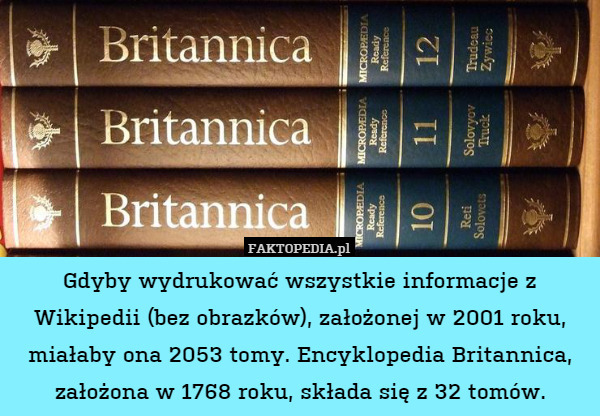 Gdyby wydrukować wszystkie informacje z Wikipedii (bez obrazków), założonej w 2001 roku, miałaby ona 2053 tomy. Encyklopedia Britannica, założona w 1768 roku, składa się z 32 tomów. 