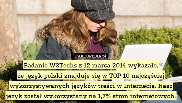 Badanie W3Techs z 12 marca 2014 wykazało,
że język polski znajduje się w TOP 10 najczęściej wykorzystywanych języków treści w Internecie. Nasz język został wykorzystany na 1,7% stron internetowych. 