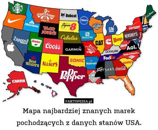 Mapa najbardziej znanych marek pochodzących z danych stanów USA. 