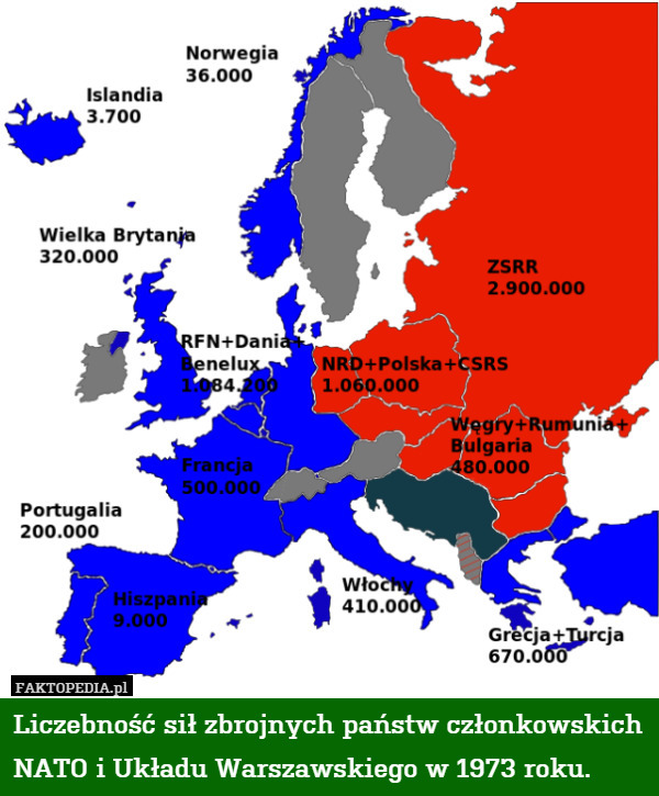 Liczebność sił zbrojnych państw członkowskich NATO i Układu Warszawskiego w 1973 roku. 