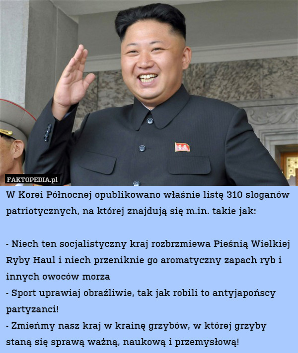 W Korei Północnej opublikowano właśnie listę 310 sloganów patriotycznych, na której znajdują się m.in. takie jak:

- Niech ten socjalistyczny kraj rozbrzmiewa Pieśnią Wielkiej Ryby Haul i niech przeniknie go aromatyczny zapach ryb i innych owoców morza
- Sport uprawiaj obraźliwie, tak jak robili to antyjapońscy partyzanci!
- Zmieńmy nasz kraj w krainę grzybów, w której grzyby staną się sprawą ważną, naukową i przemysłową! 