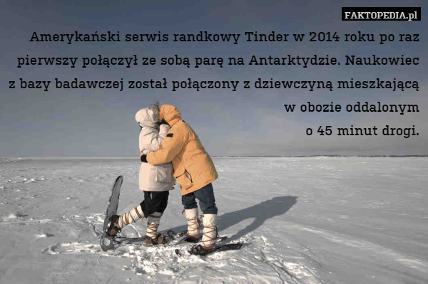 Amerykański serwis randkowy Tinder w 2014 roku po raz pierwszy połączył ze sobą parę na Antarktydzie. Naukowiec z bazy badawczej został połączony z dziewczyną mieszkającą w obozie oddalonym
o 45 minut drogi. 