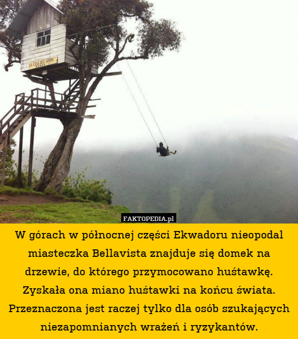 W górach w północnej części Ekwadoru nieopodal miasteczka Bellavista znajduje się domek na drzewie, do którego przymocowano huśtawkę. Zyskała ona miano huśtawki na końcu świata. Przeznaczona jest raczej tylko dla osób szukających niezapomnianych wrażeń i ryzykantów. 