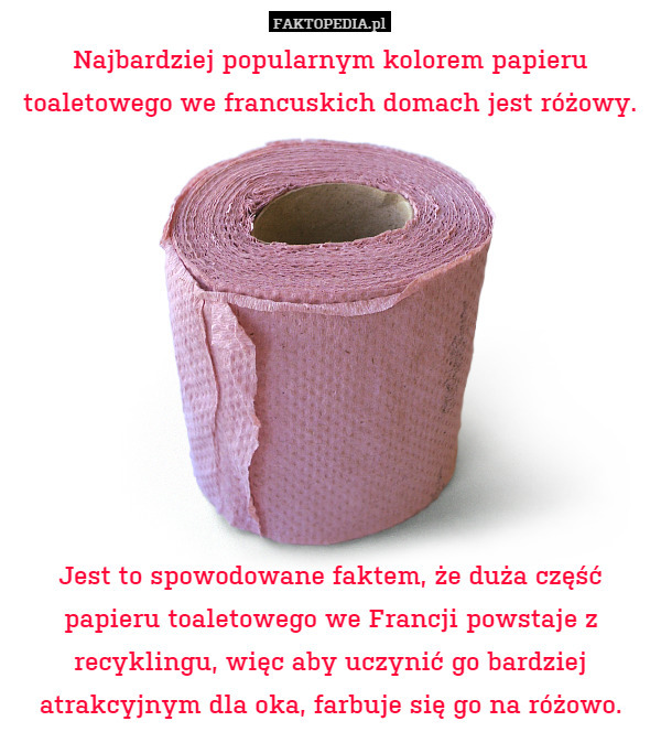 Najbardziej popularnym kolorem papieru toaletowego we francuskich domach jest różowy.










Jest to spowodowane faktem, że duża część papieru toaletowego we Francji powstaje z recyklingu, więc aby uczynić go bardziej atrakcyjnym dla oka, farbuje się go na różowo. 