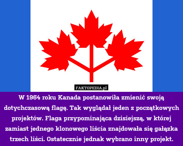 W 1964 roku Kanada postanowiła zmienić swoją dotychczasową flagę. Tak wyglądał jeden z początkowych projektów. Flaga przypominająca dzisiejszą, w której zamiast jednego klonowego liścia znajdowała się gałązka trzech liści. Ostatecznie jednak wybrano inny projekt. 