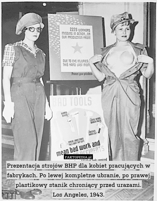 Prezentacja strojów BHP dla kobiet pracujących w fabrykach. Po lewej kompletne ubranie, po prawej plastikowy stanik chroniący przed urazami.
Los Angeles, 1943. 