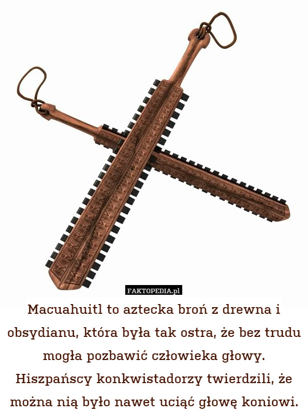 Macuahuitl to aztecka broń z drewna i obsydianu, która była tak ostra, że bez trudu mogła pozbawić człowieka głowy. Hiszpańscy konkwistadorzy twierdzili, że można nią było nawet uciąć głowę koniowi. 