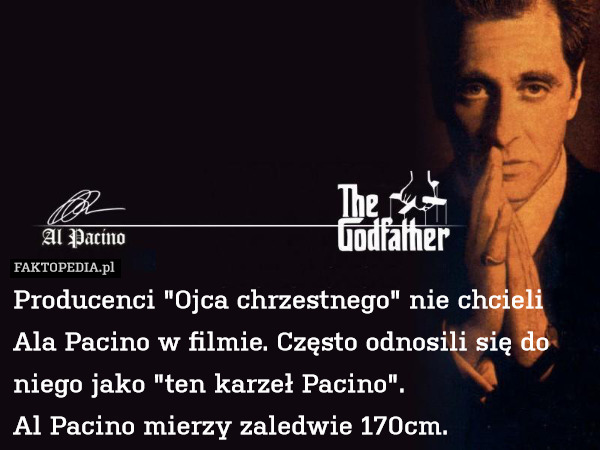 Producenci "Ojca chrzestnego" nie chcieli Ala Pacino w filmie. Często odnosili się do niego jako "ten karzeł Pacino". 
Al Pacino mierzy zaledwie 170cm. 