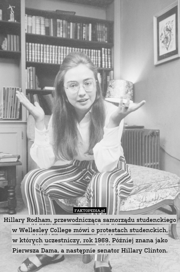 Hillary Rodham, przewodnicząca samorządu studenckiego w Wellesley College mówi o protestach studenckich,
w których uczestniczy, rok 1969. Później znana jako Pierwsza Dama, a następnie senator Hillary Clinton. 