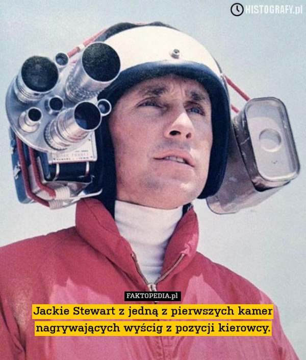 Jackie Stewart z jedną z pierwszych kamer nagrywających wyścig z pozycji kierowcy. 