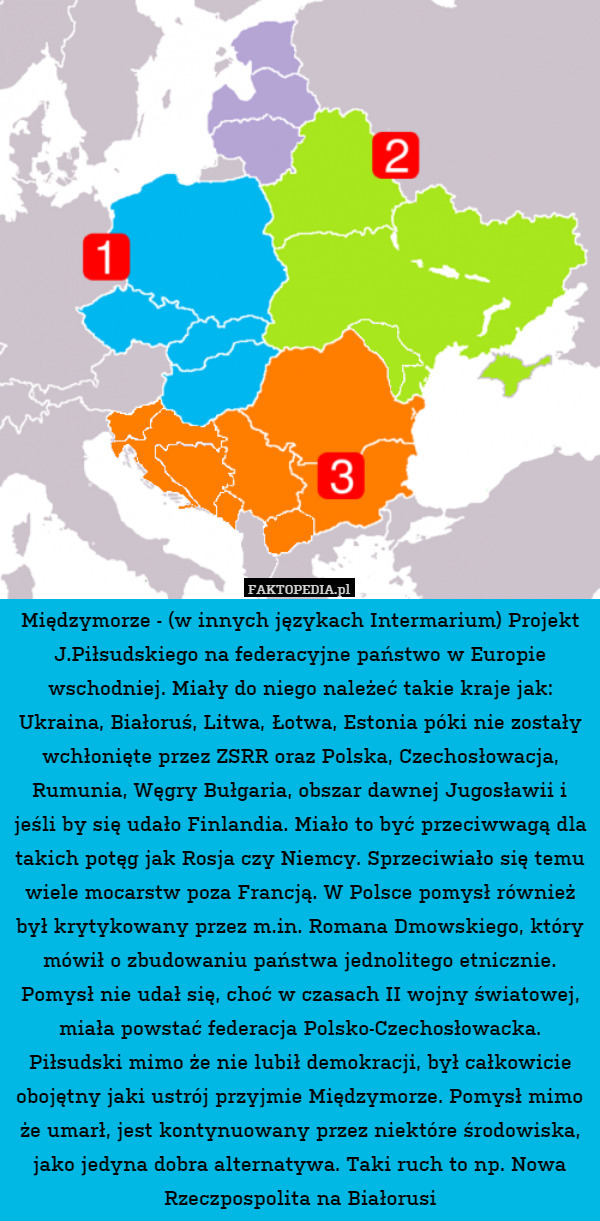 Międzymorze - (w innych językach Intermarium) Projekt J.Piłsudskiego na federacyjne państwo w Europie wschodniej. Miały do niego należeć takie kraje jak: Ukraina, Białoruś, Litwa, Łotwa, Estonia póki nie zostały wchłonięte przez ZSRR oraz Polska, Czechosłowacja, Rumunia, Węgry Bułgaria, obszar dawnej Jugosławii i jeśli by się udało Finlandia. Miało to być przeciwwagą dla takich potęg jak Rosja czy Niemcy. Sprzeciwiało się temu wiele mocarstw poza Francją. W Polsce pomysł również był krytykowany przez m.in. Romana Dmowskiego, który mówił o zbudowaniu państwa jednolitego etnicznie.
Pomysł nie udał się, choć w czasach II wojny światowej, miała powstać federacja Polsko-Czechosłowacka.
Piłsudski mimo że nie lubił demokracji, był całkowicie obojętny jaki ustrój przyjmie Międzymorze. Pomysł mimo że umarł, jest kontynuowany przez niektóre środowiska, jako jedyna dobra alternatywa. Taki ruch to np. Nowa Rzeczpospolita na Białorusi 
