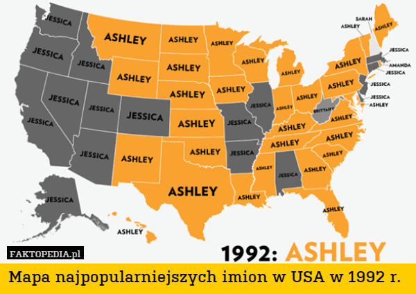 Mapa najpopularniejszych imion w USA w 1992 r. 