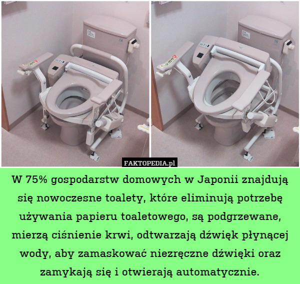W 75% gospodarstw domowych w Japonii znajdują się nowoczesne toalety, które eliminują potrzebę używania papieru toaletowego, są podgrzewane, mierzą ciśnienie krwi, odtwarzają dźwięk płynącej wody, aby zamaskować niezręczne dźwięki oraz zamykają się i otwierają automatycznie. 