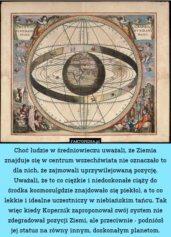 Choć ludzie w średniowieczu uważali, że Ziemia znajduje się w centrum wszechświata nie oznaczało to dla nich, że zajmowali uprzywilejowaną pozycję. Uważali, że to co ciężkie i niedoskonałe ciąży do środka kosmosu(gdzie znajdowało się piekło), a to co lekkie i idealne uczestniczy w niebiańskim tańcu. Tak więc kiedy Kopernik zaproponował swój system nie zdegradował pozycji Ziemi, ale przeciwnie - podniósł jej status na równy innym, doskonałym planetom. 