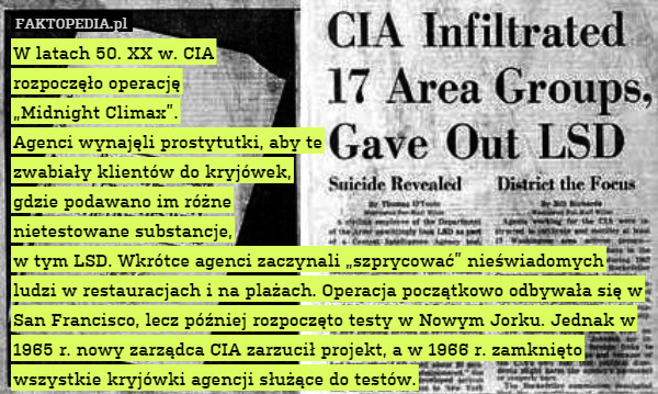 W latach 50. XX w. CIA
rozpoczęło operację
„Midnight Climax”.
Agenci wynajęli prostytutki, aby te
zwabiały klientów do kryjówek,
gdzie podawano im różne
nietestowane substancje,
w tym LSD. Wkrótce agenci zaczynali „szprycować” nieświadomych ludzi w restauracjach i na plażach. Operacja początkowo odbywała się w San Francisco, lecz później rozpoczęto testy w Nowym Jorku. Jednak w 1965 r. nowy zarządca CIA zarzucił projekt, a w 1966 r. zamknięto wszystkie kryjówki agencji służące do testów. 