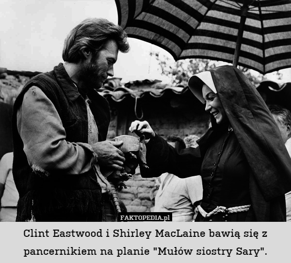 Clint Eastwood i Shirley MacLaine bawią się z pancernikiem na planie "Mułów siostry Sary". 
