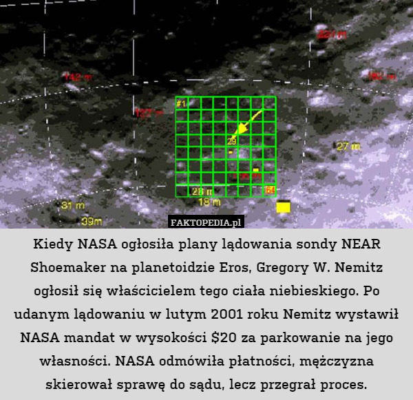 Kiedy NASA ogłosiła plany lądowania sondy NEAR Shoemaker na planetoidzie Eros, Gregory W. Nemitz ogłosił się właścicielem tego ciała niebieskiego. Po udanym lądowaniu w lutym 2001 roku Nemitz wystawił NASA mandat w wysokości $20 za parkowanie na jego własności. NASA odmówiła płatności, mężczyzna skierował sprawę do sądu, lecz przegrał proces. 
