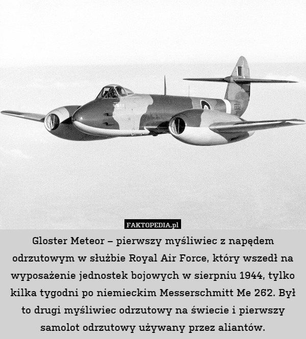 Gloster Meteor – pierwszy myśliwiec z napędem odrzutowym w służbie Royal Air Force, który wszedł na wyposażenie jednostek bojowych w sierpniu 1944, tylko kilka tygodni po niemieckim Messerschmitt Me 262. Był to drugi myśliwiec odrzutowy na świecie i pierwszy samolot odrzutowy używany przez aliantów. 