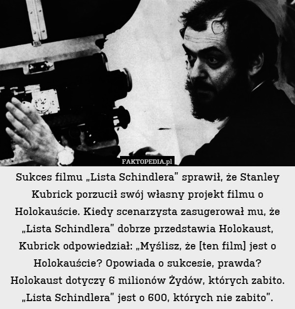 Sukces filmu „Lista Schindlera” sprawił, że Stanley Kubrick porzucił swój własny projekt filmu o Holokauście. Kiedy scenarzysta zasugerował mu, że „Lista Schindlera” dobrze przedstawia Holokaust, Kubrick odpowiedział: „Myślisz, że [ten film] jest o Holokauście? Opowiada o sukcesie, prawda? Holokaust dotyczy 6 milionów Żydów, których zabito. „Lista Schindlera” jest o 600, których nie zabito”. 