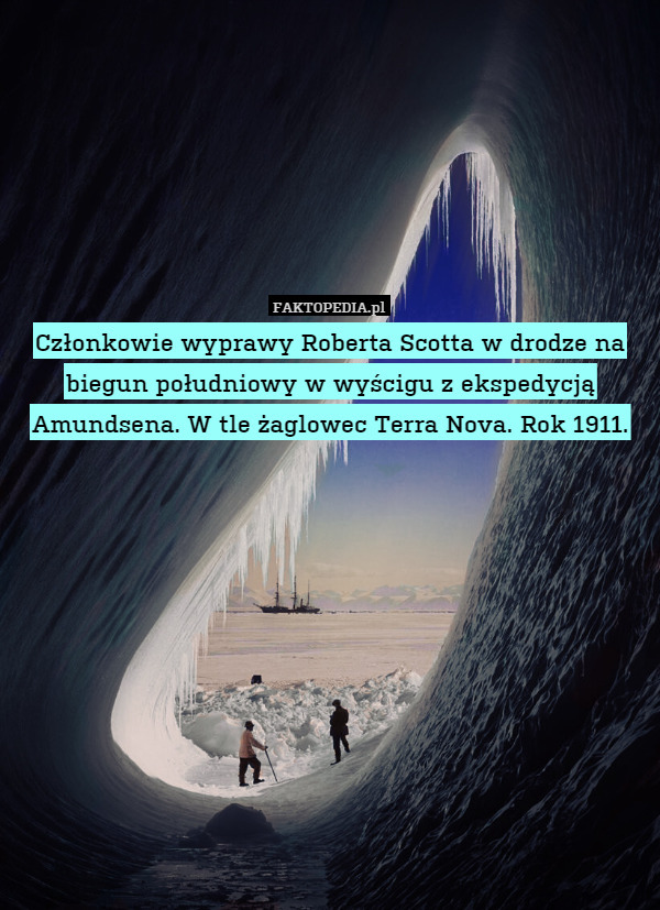 Członkowie wyprawy Roberta Scotta w drodze na biegun południowy w wyścigu z ekspedycją Amundsena. W tle żaglowec Terra Nova. Rok 1911. 