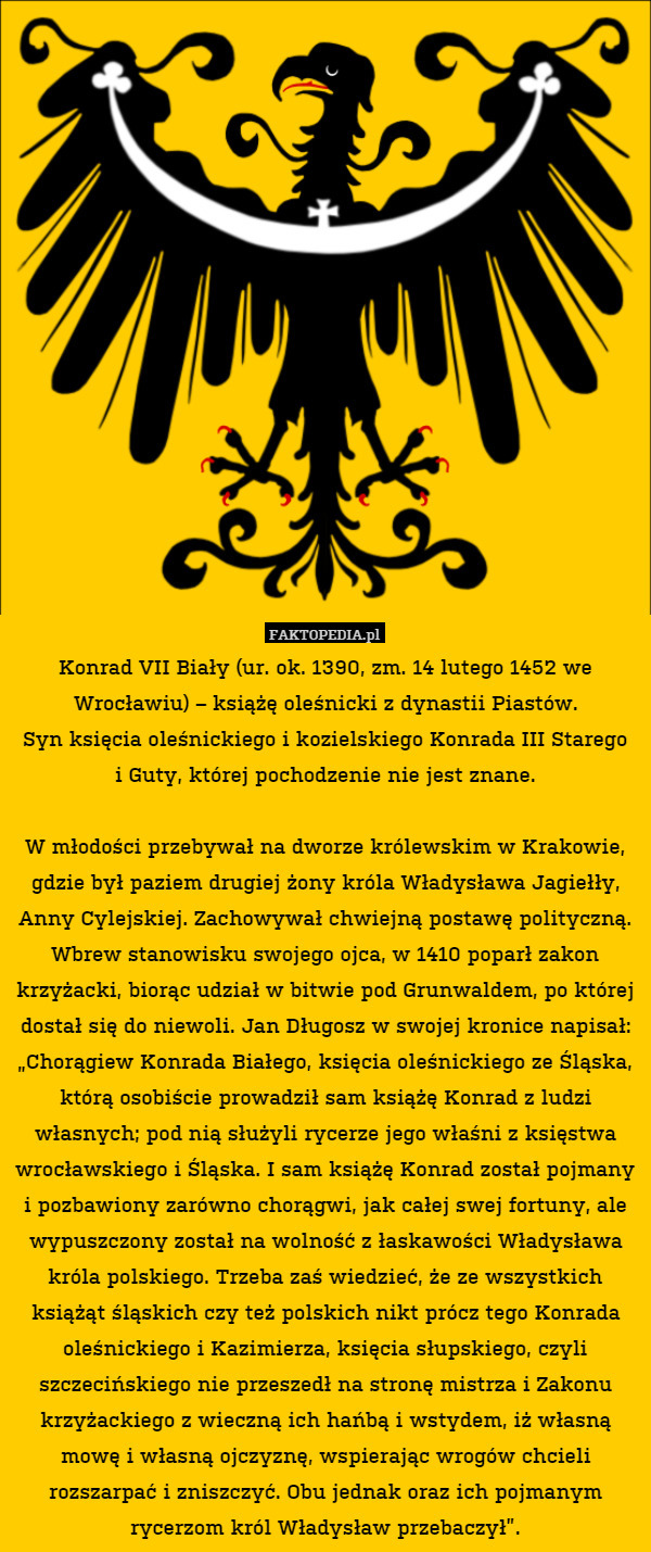 Konrad VII Biały (ur. ok. 1390, zm. 14 lutego 1452 we Wrocławiu) – książę oleśnicki z dynastii Piastów.
Syn księcia oleśnickiego i kozielskiego Konrada III Starego
i Guty, której pochodzenie nie jest znane.

W młodości przebywał na dworze królewskim w Krakowie, gdzie był paziem drugiej żony króla Władysława Jagiełły, Anny Cylejskiej. Zachowywał chwiejną postawę polityczną. Wbrew stanowisku swojego ojca, w 1410 poparł zakon krzyżacki, biorąc udział w bitwie pod Grunwaldem, po której dostał się do niewoli. Jan Długosz w swojej kronice napisał: „Chorągiew Konrada Białego, księcia oleśnickiego ze Śląska, którą osobiście prowadził sam książę Konrad z ludzi własnych; pod nią służyli rycerze jego właśni z księstwa wrocławskiego i Śląska. I sam książę Konrad został pojmany i pozbawiony zarówno chorągwi, jak całej swej fortuny, ale wypuszczony został na wolność z łaskawości Władysława króla polskiego. Trzeba zaś wiedzieć, że ze wszystkich książąt śląskich czy też polskich nikt prócz tego Konrada oleśnickiego i Kazimierza, księcia słupskiego, czyli szczecińskiego nie przeszedł na stronę mistrza i Zakonu krzyżackiego z wieczną ich hańbą i wstydem, iż własną mowę i własną ojczyznę, wspierając wrogów chcieli rozszarpać i zniszczyć. Obu jednak oraz ich pojmanym rycerzom król Władysław przebaczył”. 