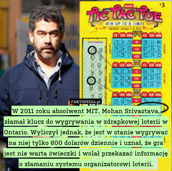 W 2011 roku absolwent MIT, Mohan Srivastava, złamał klucz do wygrywania w zdrapkowej loterii w Ontario. Wyliczył jednak, że jest w stanie wygrywać na niej tylko 600 dolarów dziennie i uznał, że gra jest nie warta świeczki i wolał przekazać informację o złamaniu systemu organizatorowi loterii. 