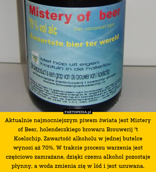 Aktualnie najmocniejszym piwem świata jest Mistery of Beer, holenderskiego browaru Brouwerij 't Koelschip. Zawartość alkoholu w jednej butelce wynosi aż 70%. W trakcie procesu warzenia jest częściowo zamrażane, dzięki czemu alkohol pozostaje płynny, a woda zmienia się w lód i jest usuwana. 