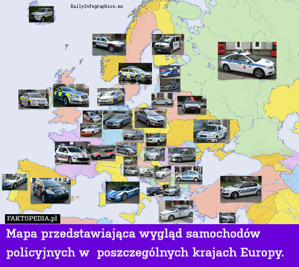 Mapa przedstawiająca wygląd samochodów policyjnych w  poszczególnych krajach Europy. 