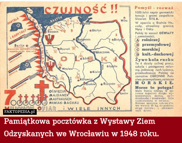 Pamiątkowa pocztówka z Wystawy Ziem Odzyskanych we Wrocławiu w 1948 roku. 