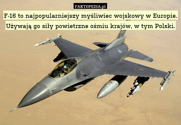 F-16 to najpopularniejszy myśliwiec wojskowy w Europie. Używają go siły powietrzne ośmiu krajów, w tym Polski. 