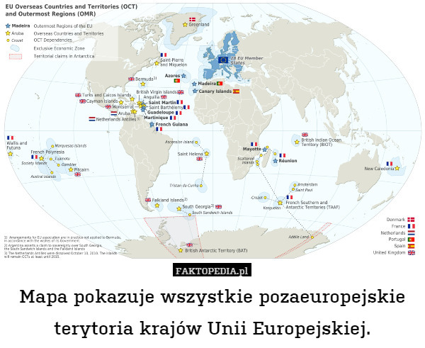 Mapa pokazuje wszystkie pozaeuropejskie terytoria krajów Unii Europejskiej. 