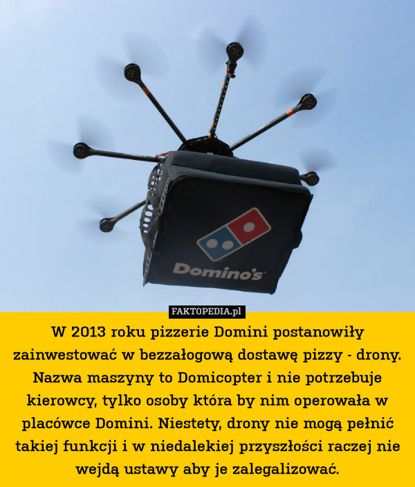 W 2013 roku pizzerie Domini postanowiły zainwestować w bezzałogową dostawę pizzy - drony. Nazwa maszyny to Domicopter i nie potrzebuje kierowcy, tylko osoby która by nim operowała w placówce Domini. Niestety, drony nie mogą pełnić takiej funkcji i w niedalekiej przyszłości raczej nie wejdą ustawy aby je zalegalizować. 