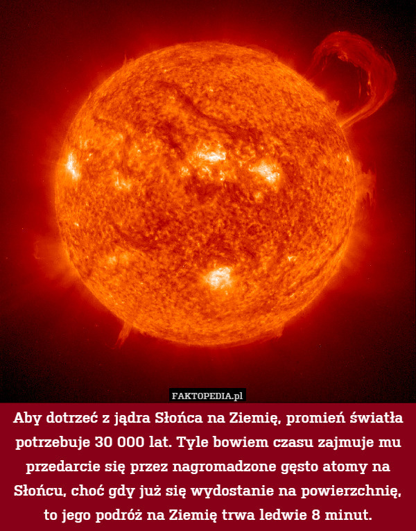 Aby dotrzeć z jądra Słońca na Ziemię, promień światła potrzebuje 30 000 lat. Tyle bowiem czasu zajmuje mu przedarcie się przez nagromadzone gęsto atomy na Słońcu, choć gdy już się wydostanie na powierzchnię, to jego podróż na Ziemię trwa ledwie 8 minut. 