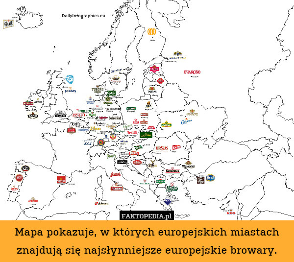 Mapa pokazuje, w których europejskich miastach znajdują się najsłynniejsze europejskie browary. 