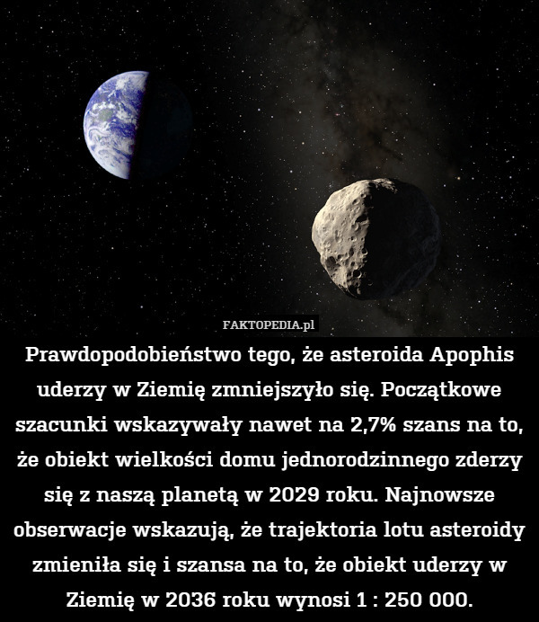Prawdopodobieństwo tego, że asteroida Apophis uderzy w Ziemię zmniejszyło się. Początkowe szacunki wskazywały nawet na 2,7% szans na to, że obiekt wielkości domu jednorodzinnego zderzy się z naszą planetą w 2029 roku. Najnowsze obserwacje wskazują, że trajektoria lotu asteroidy zmieniła się i szansa na to, że obiekt uderzy w Ziemię w 2036 roku wynosi 1 : 250 000. 