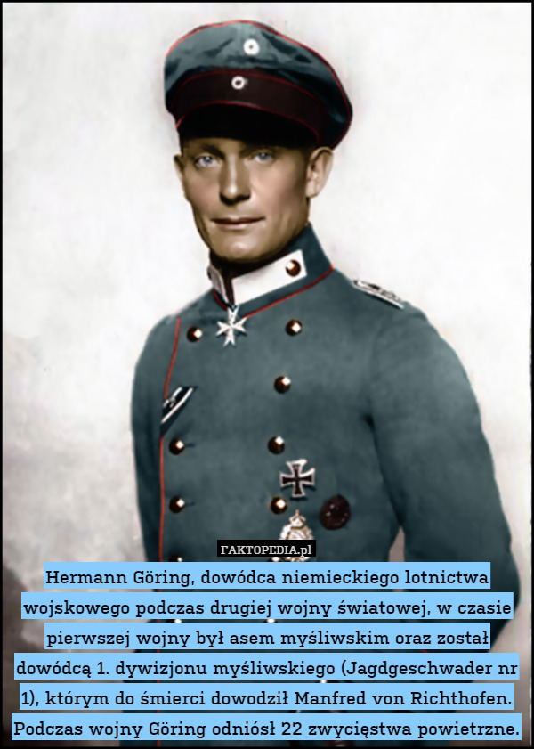 Hermann Göring, dowódca niemieckiego lotnictwa wojskowego podczas drugiej wojny światowej, w czasie pierwszej wojny był asem myśliwskim oraz został dowódcą 1. dywizjonu myśliwskiego (Jagdgeschwader nr 1), którym do śmierci dowodził Manfred von Richthofen.
Podczas wojny Göring odniósł 22 zwycięstwa powietrzne. 