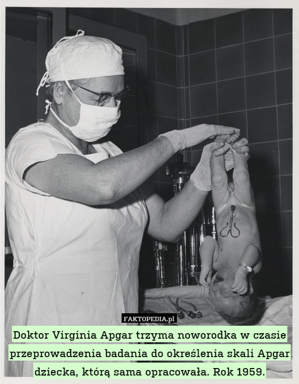 Doktor Virginia Apgar trzyma noworodka w czasie przeprowadzenia badania do określenia skali Apgar dziecka, którą sama opracowała. Rok 1959. 