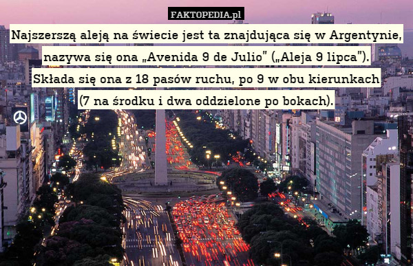 Najszerszą aleją na świecie jest ta znajdująca się w Argentynie, nazywa się ona „Avenida 9 de Julio” („Aleja 9 lipca”).
Składa się ona z 18 pasów ruchu, po 9 w obu kierunkach
(7 na środku i dwa oddzielone po bokach). 